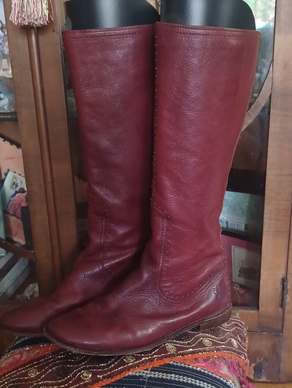 Frye Leather Paige Studded Riding Boots in Burgundy Size 10